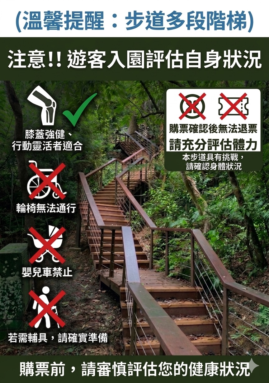 後慈湖步道階梯路段入園安全提醒:注意，遊客入園評估自身狀況。並於購票前，請審慎評估您的健康狀況。